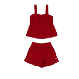 Conjunto feminino infantil vermelho com blusa de alças e saia-short, detalhes leves