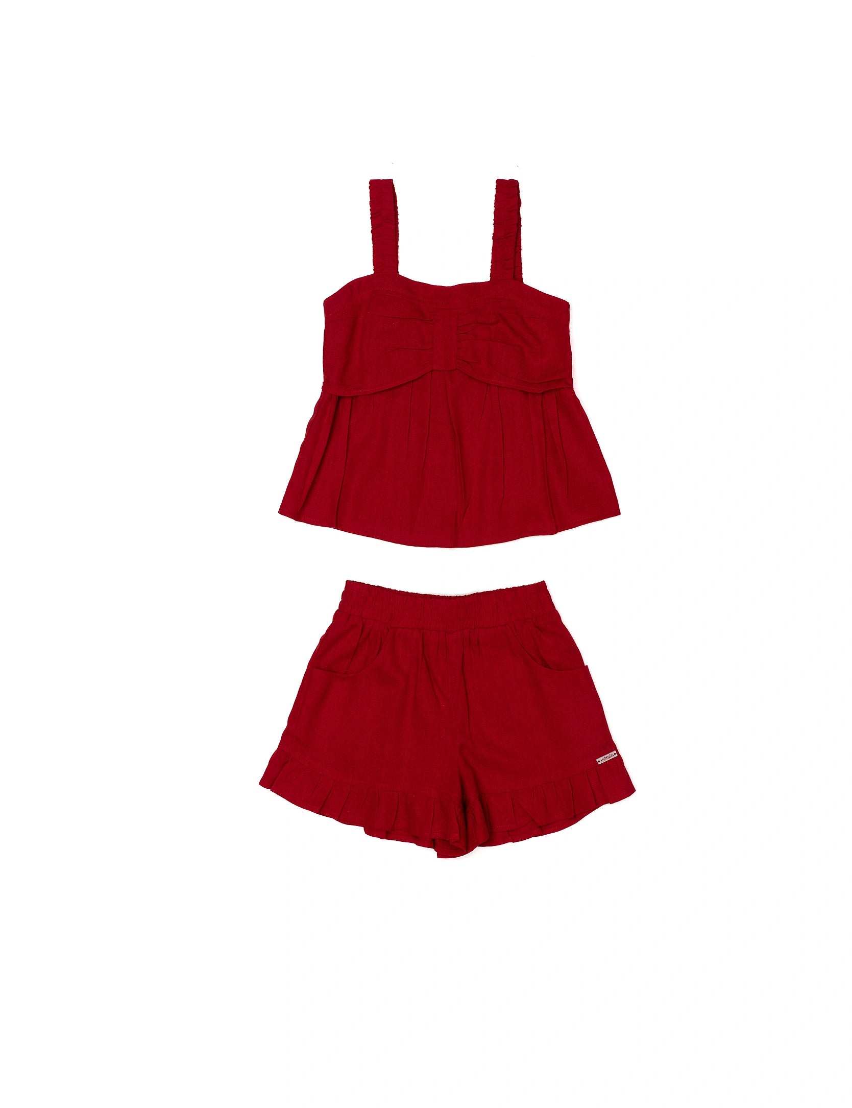 Conjunto feminino infantil vermelho com blusa de alças e saia-short, detalhes leves