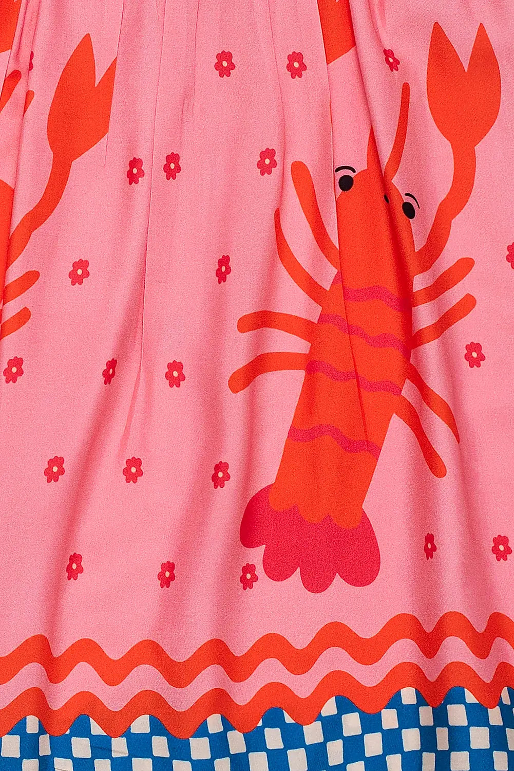 Vestido infantil rosa com estampa de lagostas e mangas bufantes, ideal para meninas de 0 a 3 anos