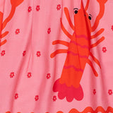 Vestido infantil rosa com estampa de lagostas e mangas bufantes, ideal para meninas de 0 a 3 anos