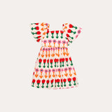 Vestido infantil com estampa de flores coloridas e mangas bufantes