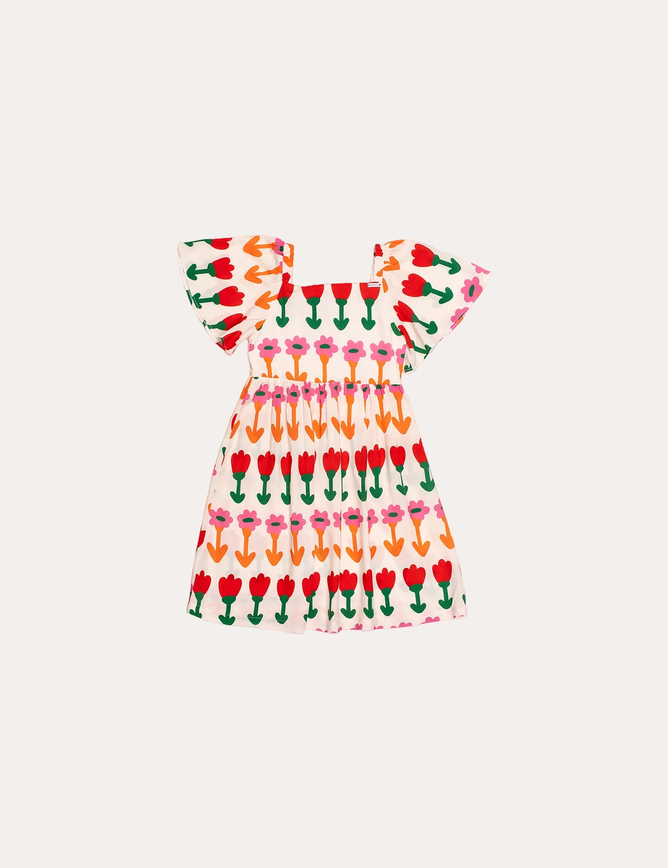 Vestido infantil com estampa de flores coloridas e mangas bufantes