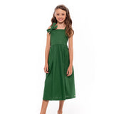 Vestido midi feminino infantil com alças largas e laços, saia ampla e tecido macio.