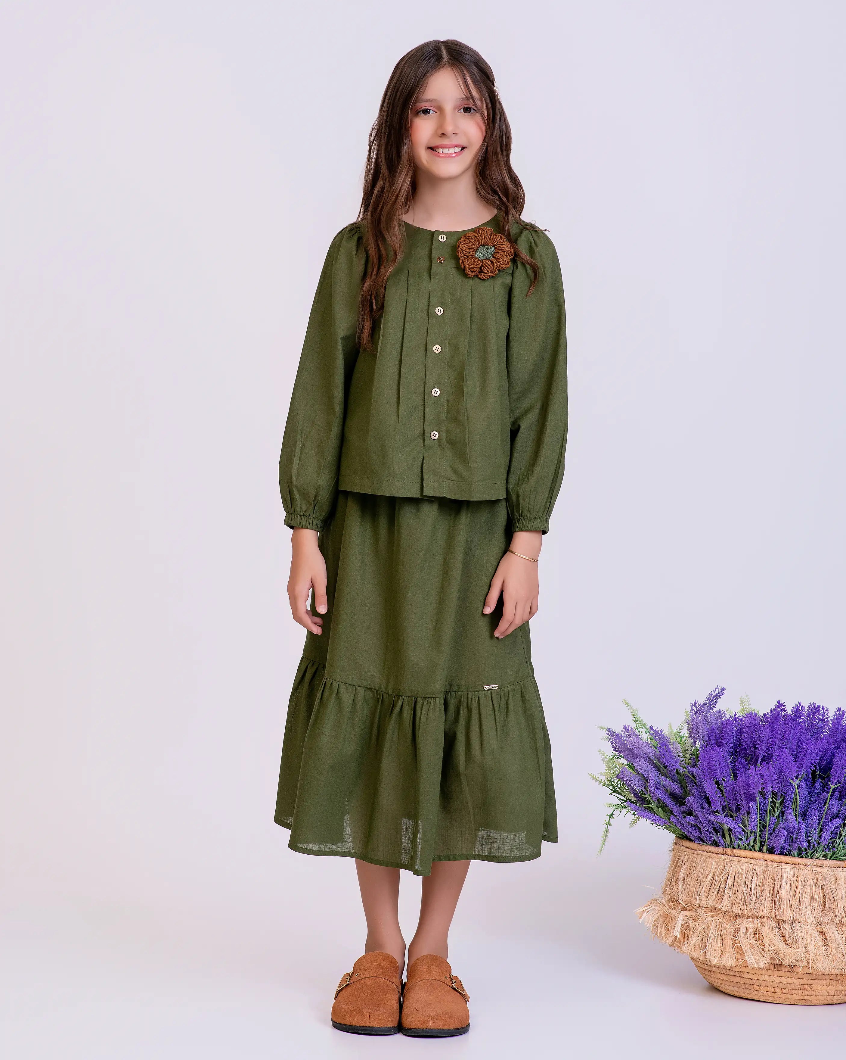 Conjunto verde musgo com blusa de mangas longas e saia longa infantil feminino Antonita para meninas 