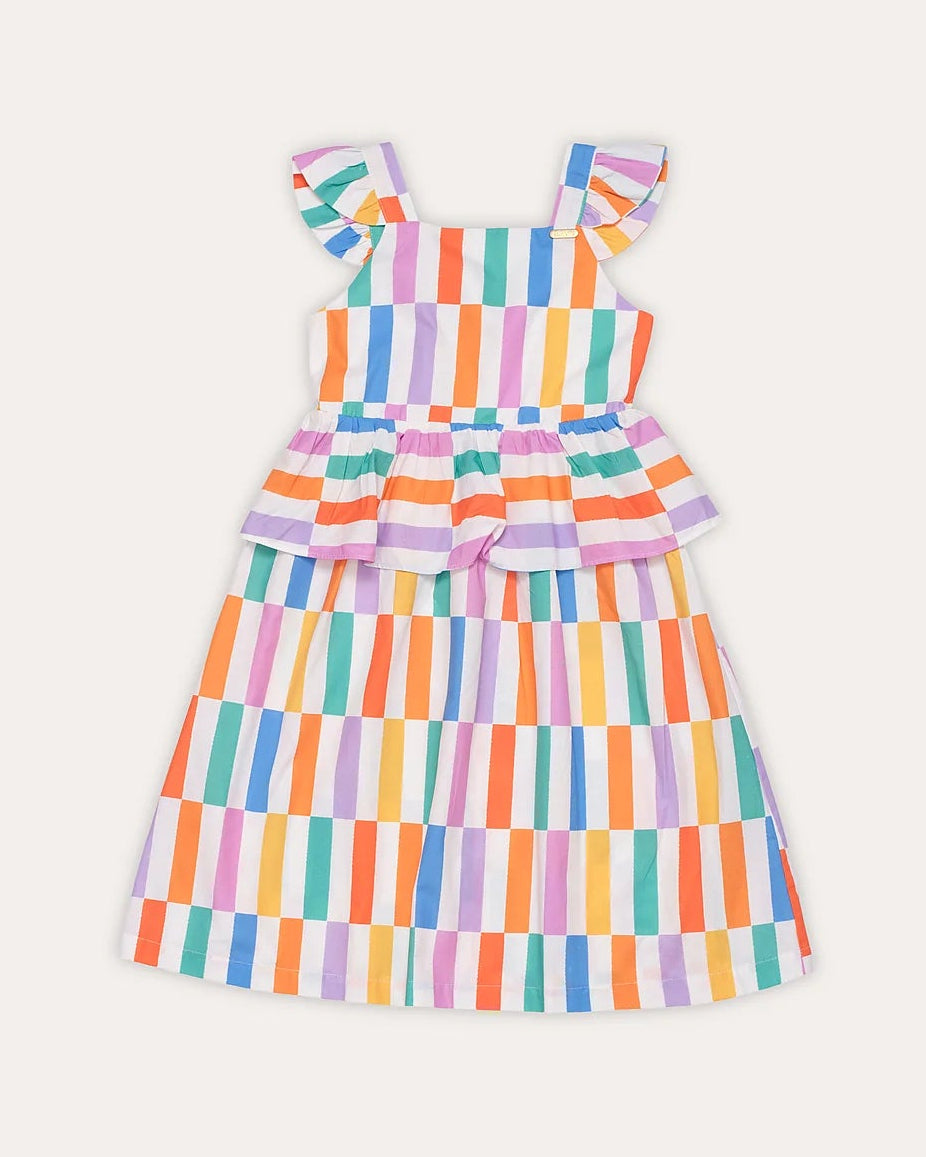 Vestido infantil feminino com estampa de palitos coloridos e alças de babado