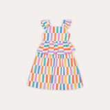 Vestido infantil feminino com estampa de palitos coloridos e alças de babado