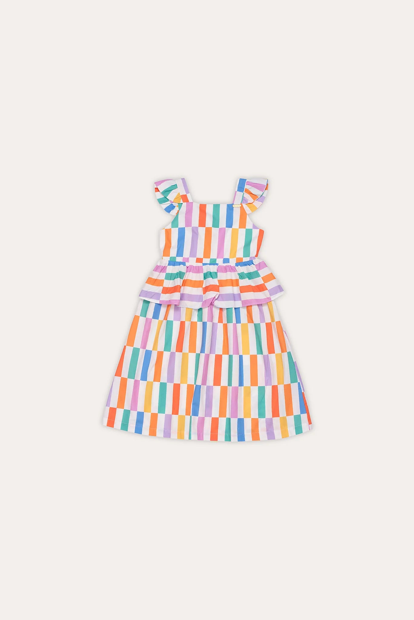 Vestido infantil feminino com estampa de palitos coloridos e alças de babado