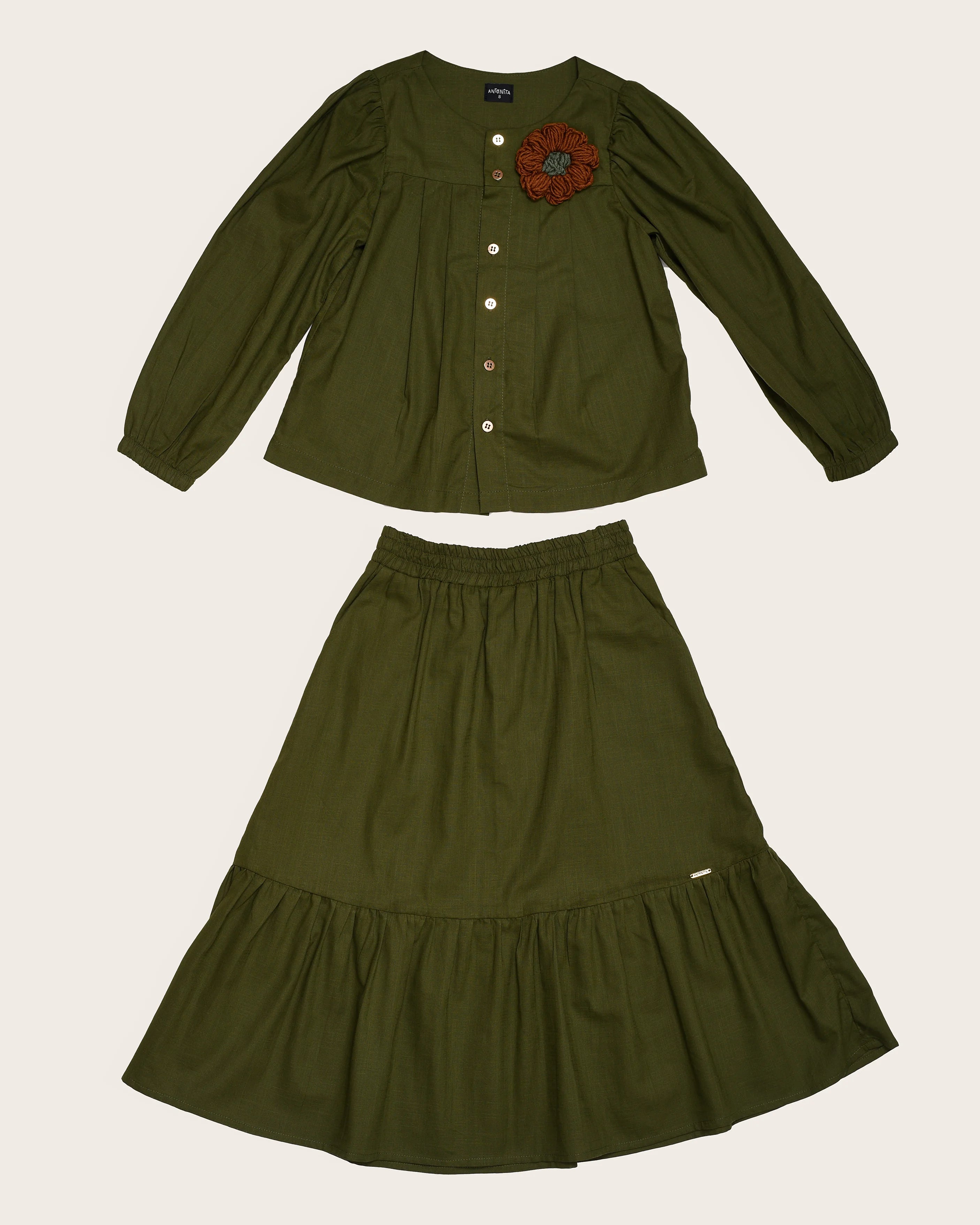 Conjunto verde musgo com blusa de mangas longas e saia longa infantil feminino Antonita para meninas 