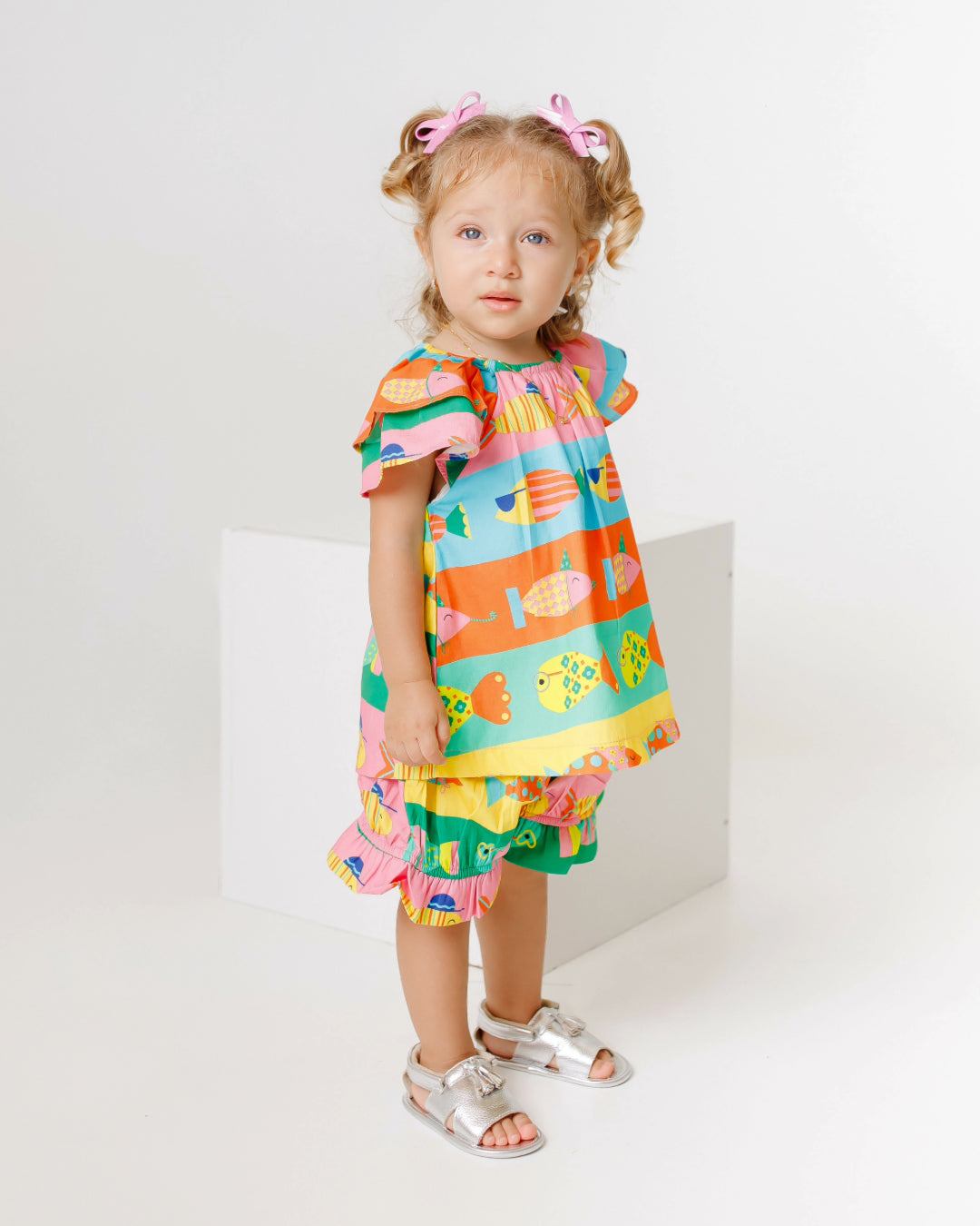 Conjunto com estampa de peixinhos coloridos infantil feminino Antonita para meninas de 0 a 3 anos