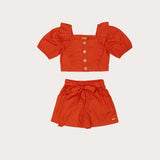 Conjunto feminino infantil coral com blusa de babados e short leve