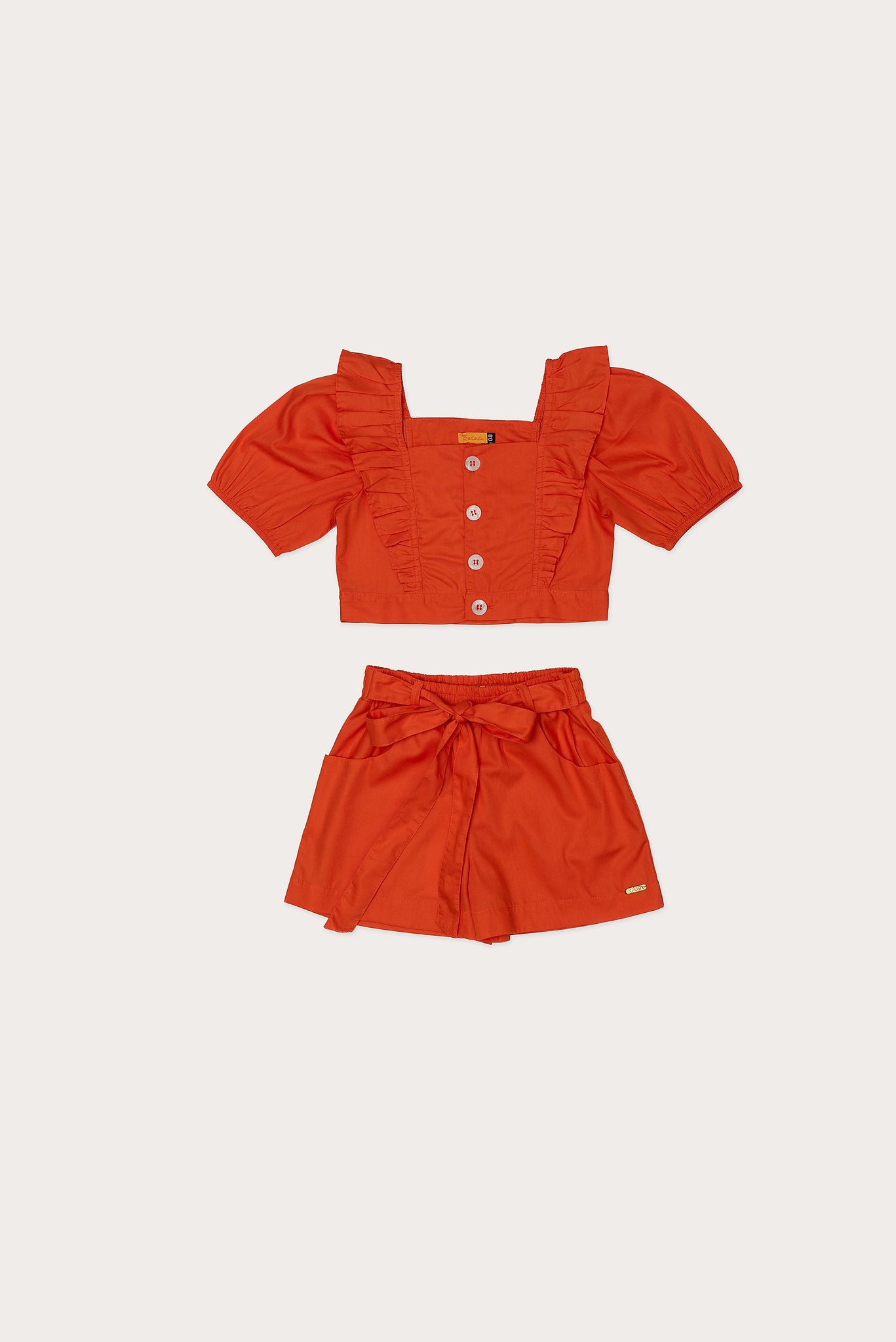 Conjunto feminino infantil coral com blusa de babados e short leve