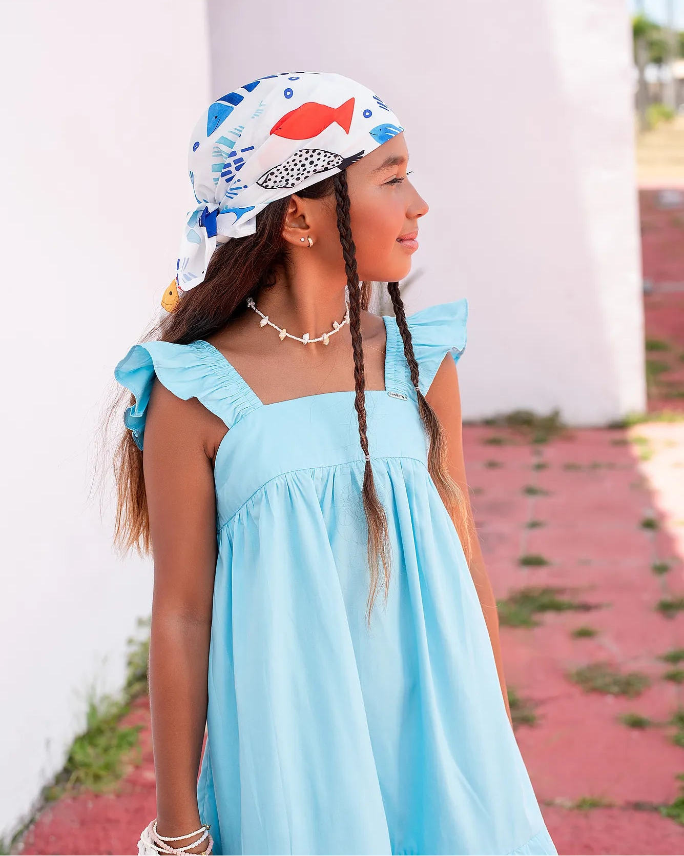 Vestido feminino infantil aquamarine com alças largas e babados na barra