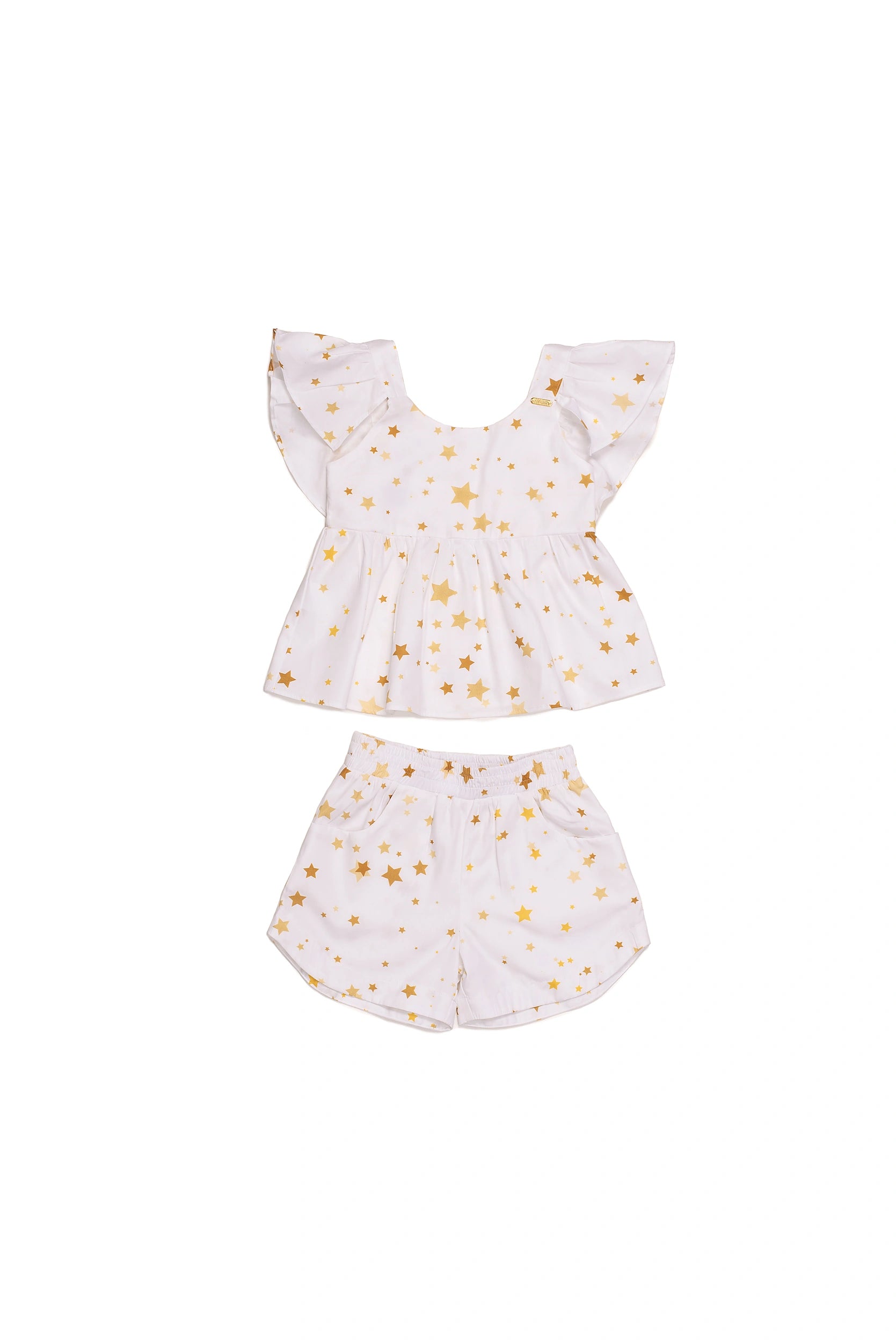 Conjunto infantil feminino com blusa de mangas amplas e shorts, estampado com estrelas douradas