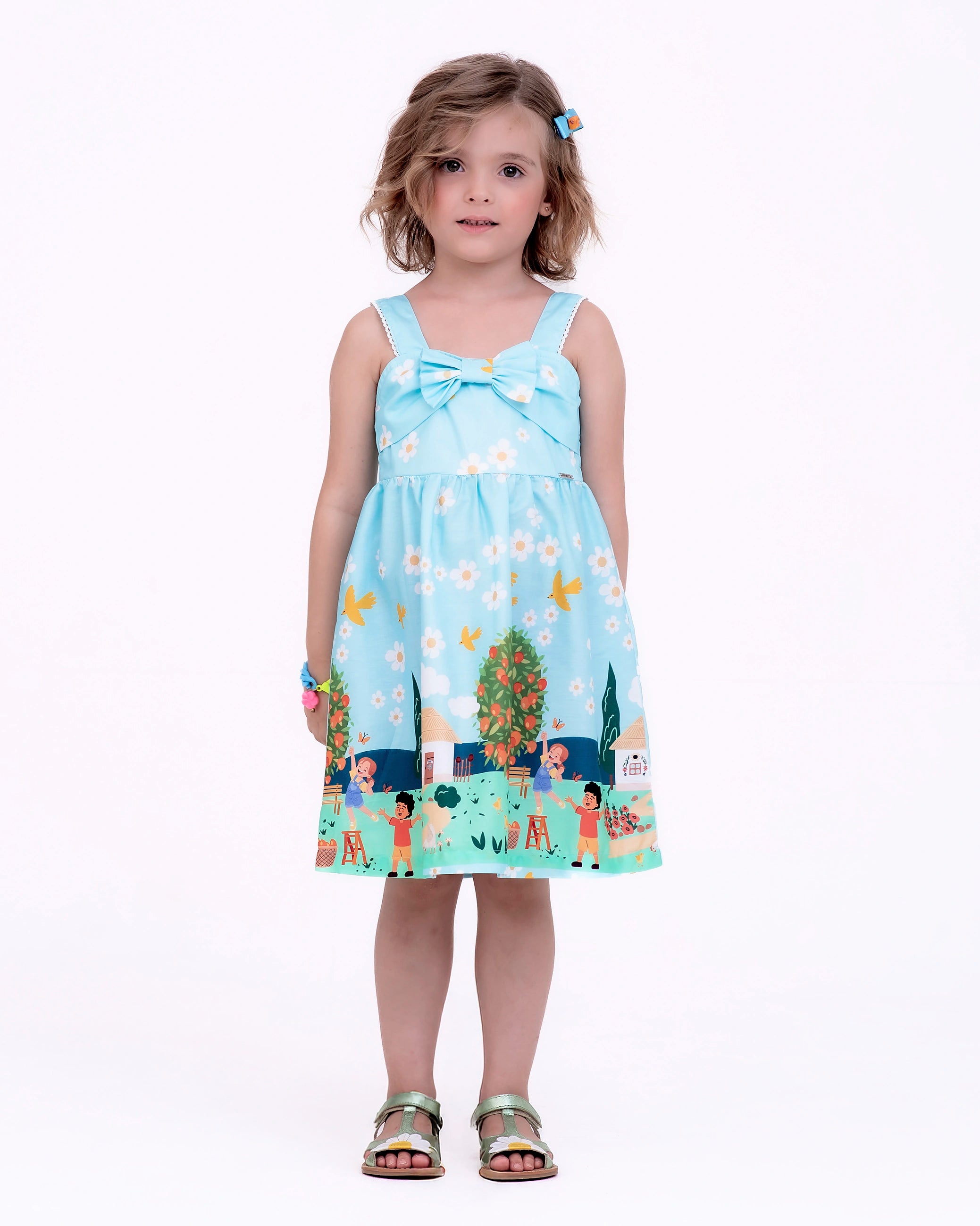 Vestido com estampa Dia Perfeito infantil feminino Antonita para meninas de 4 a 16 anos.