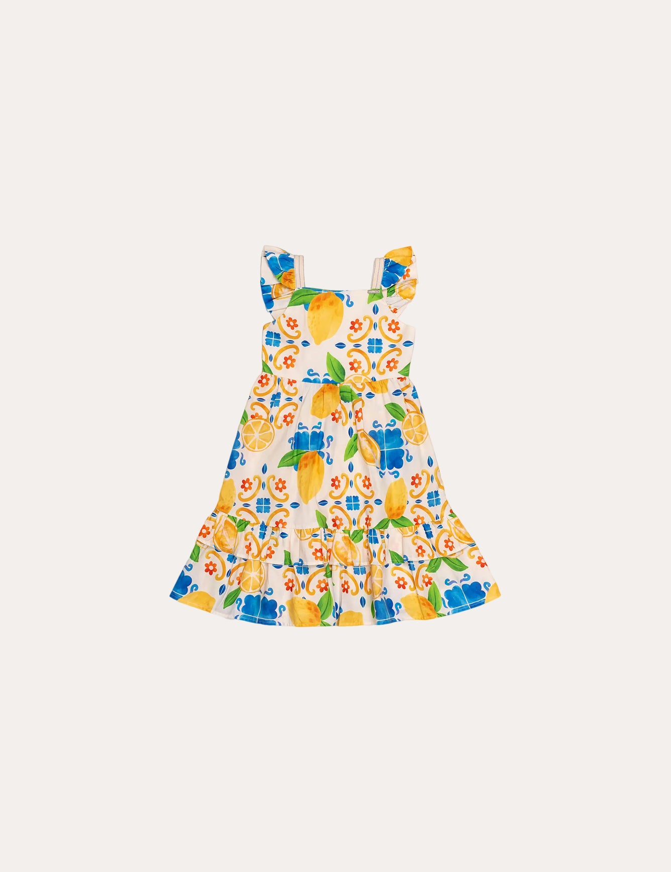 Vestido infantil com estampa de limões e flores em tons de amarelo e azul, detalhes em babados