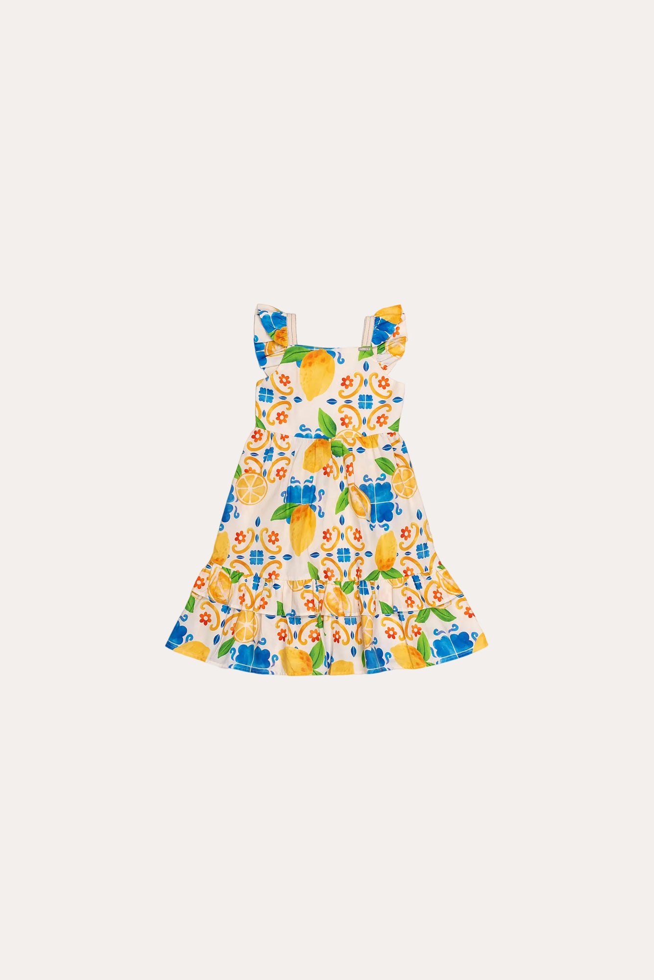 Vestido infantil com estampa de limões e flores em tons de amarelo e azul, detalhes em babados