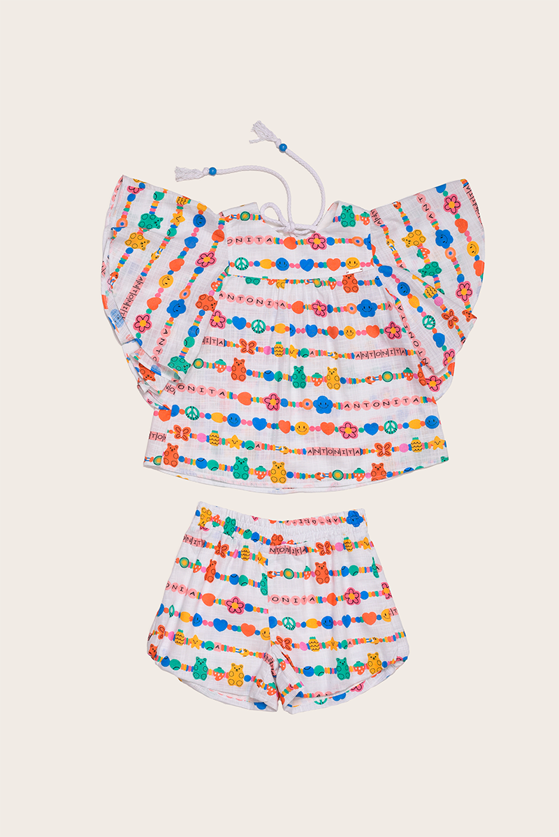 Conjunto com blusa de mangas amplas e short floral infantil feminino Antonita para meninas de 4 a 12 anos