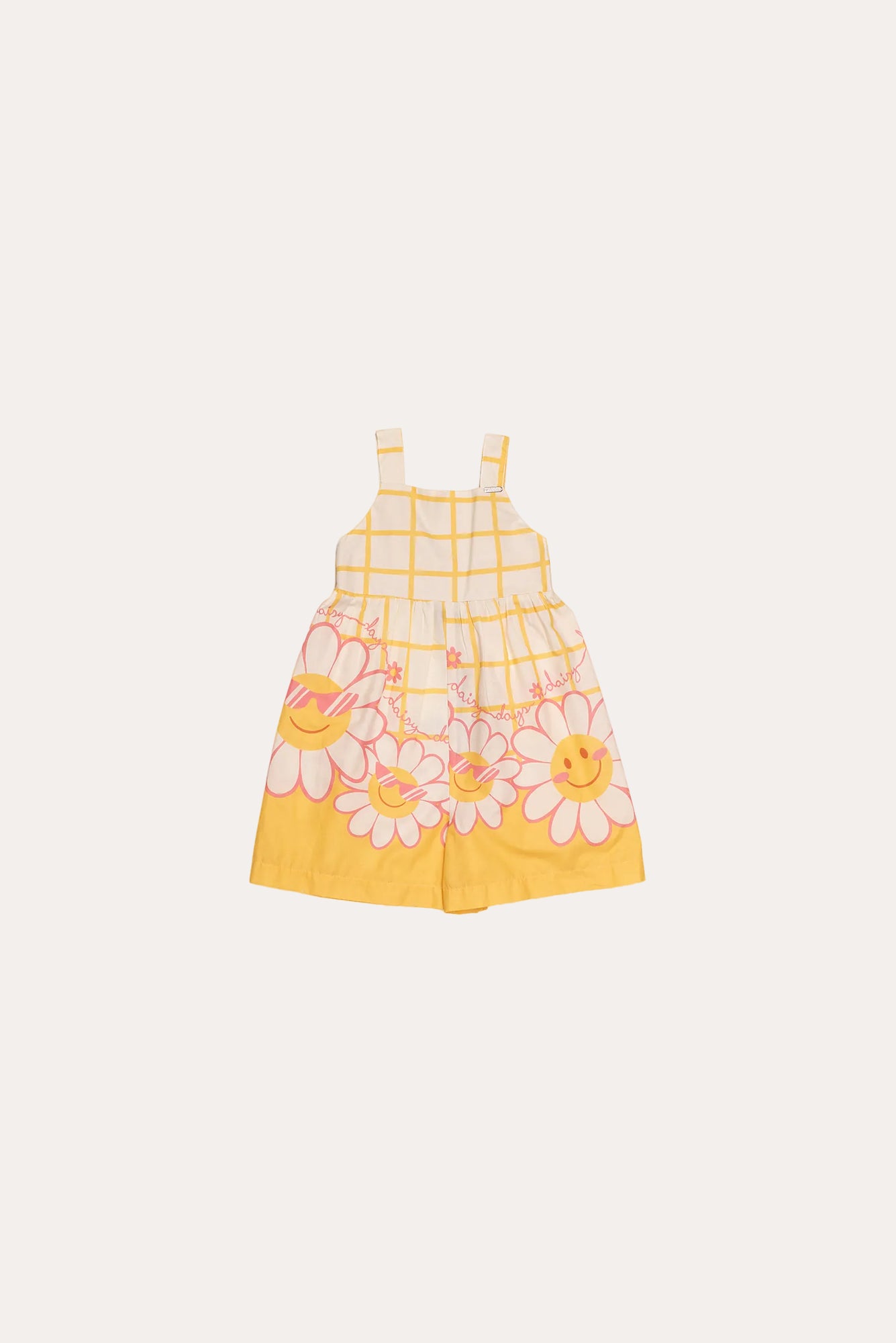 Macacao feminino infantil amarelo com estampa de flores coloridas e alças largas