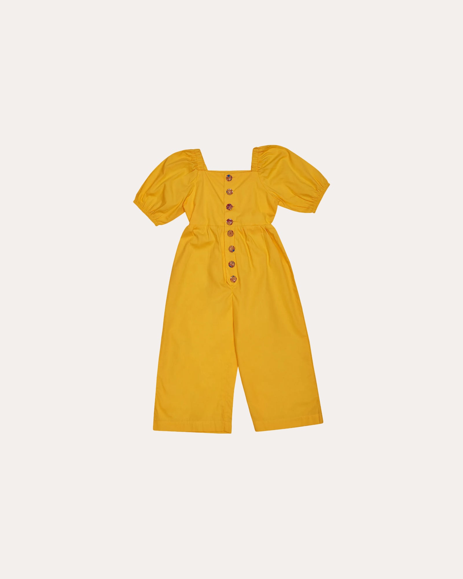 Macaco tricoline amarelo com mangas bufantes e botões frontais, peça feminina infantil