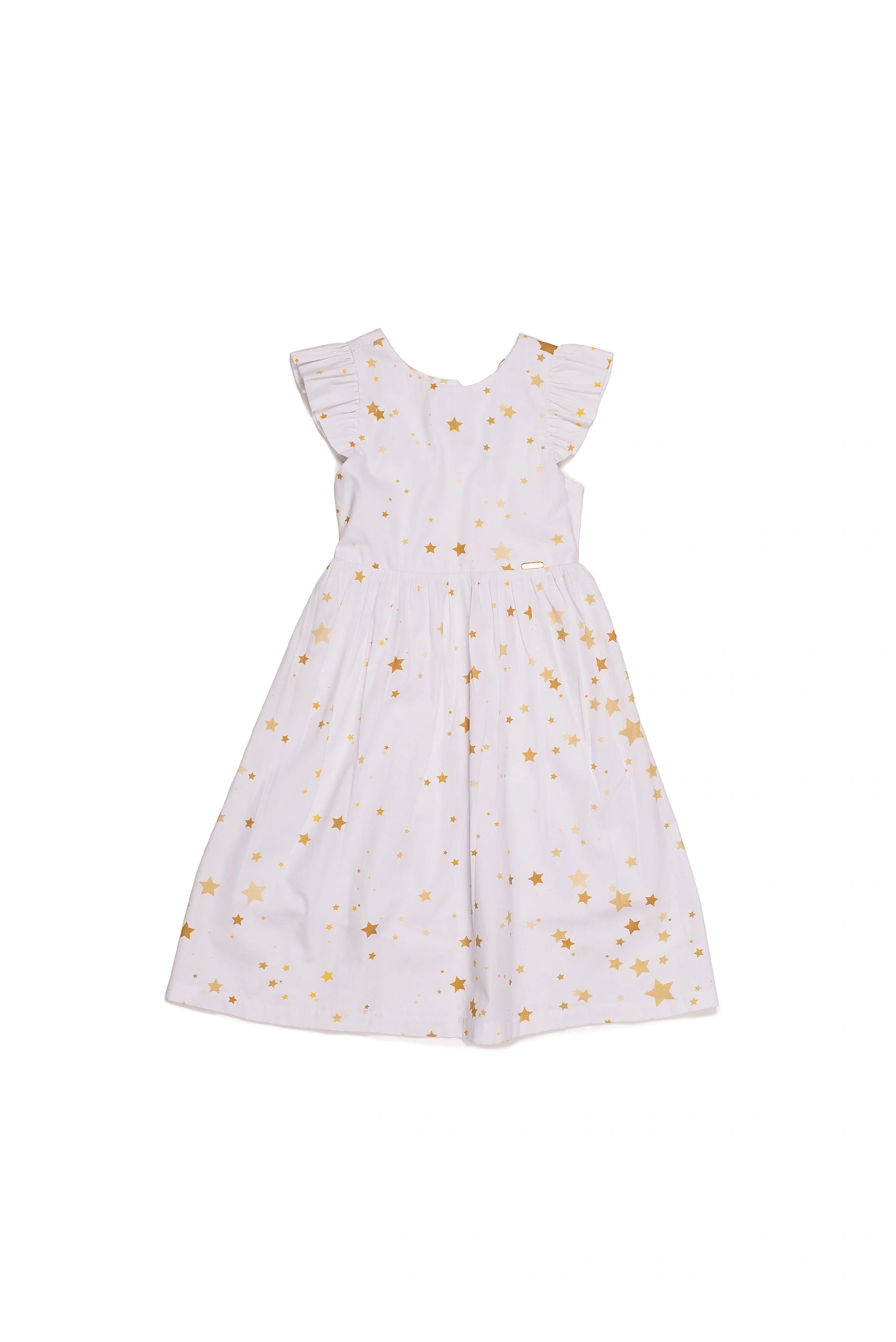 Vestido curto feminino infantil com alças largas, estampa de estrelas e saia ampla