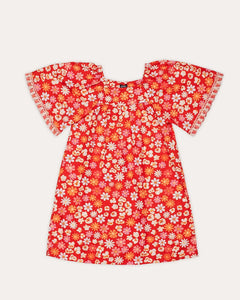 Vestido infantil feminino com estampa floral colorida e mangas bufantes, ideal para meninas.