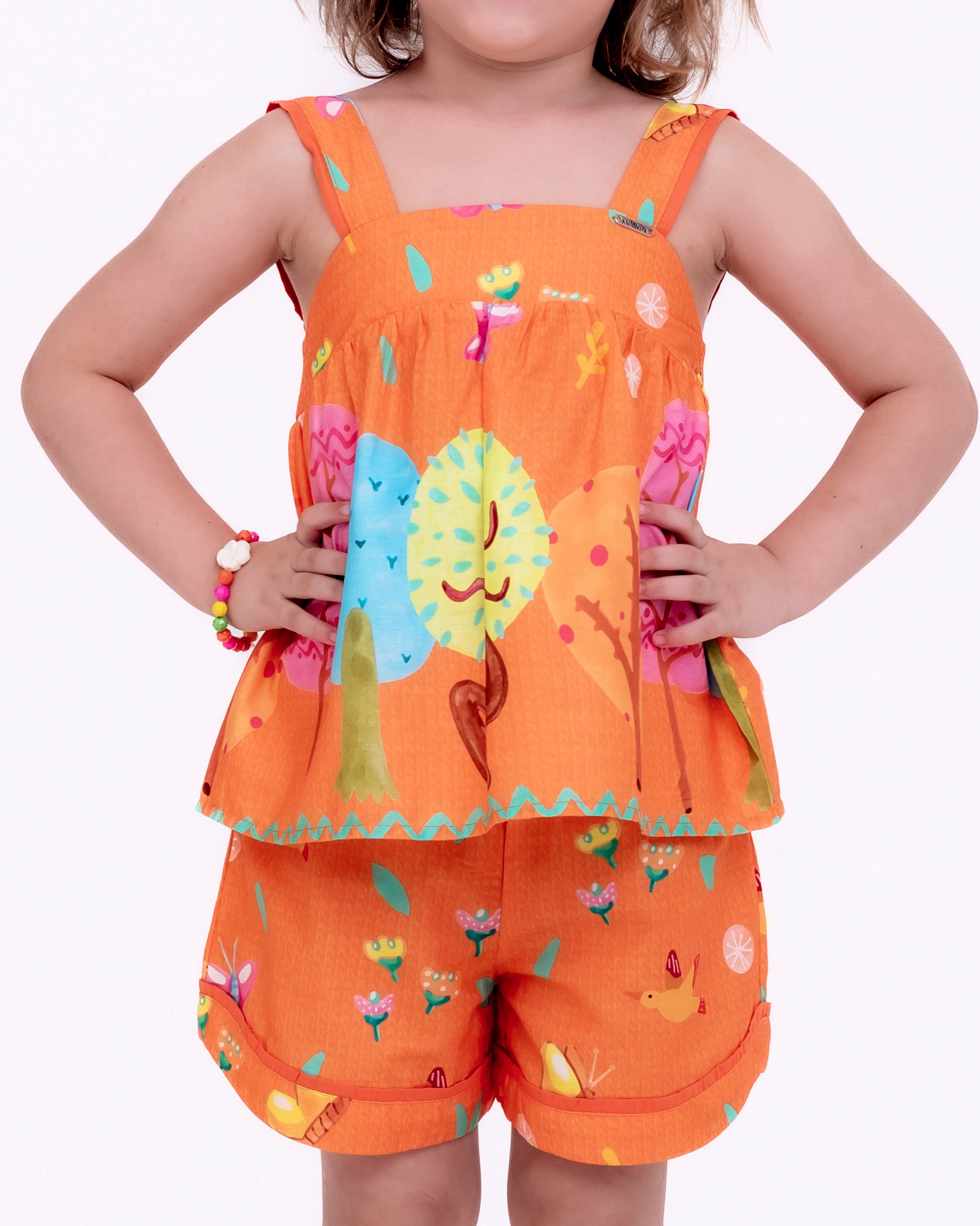 Conjunto Dia de Verão com estampa de árvores e flores infantil feminino Antonita para meninas de 2 a 10 anos