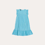 Vestido infantil feminino azul com mangas bufantes e saia de babado