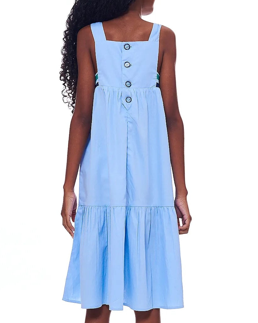 Vestido feminino infantil azul com alças largas e saia em camadas