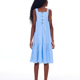 Vestido feminino infantil azul com alças largas e saia em camadas