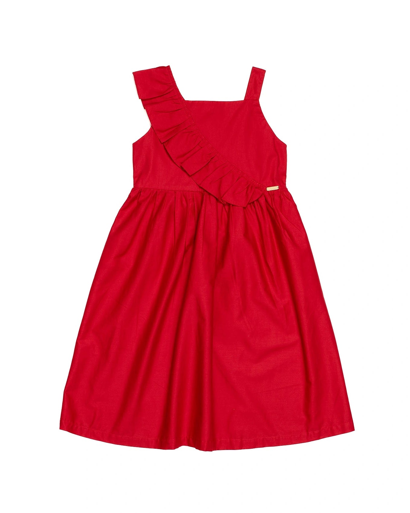 Vestido curto feminino infantil com alças largas e babados na parte frontal