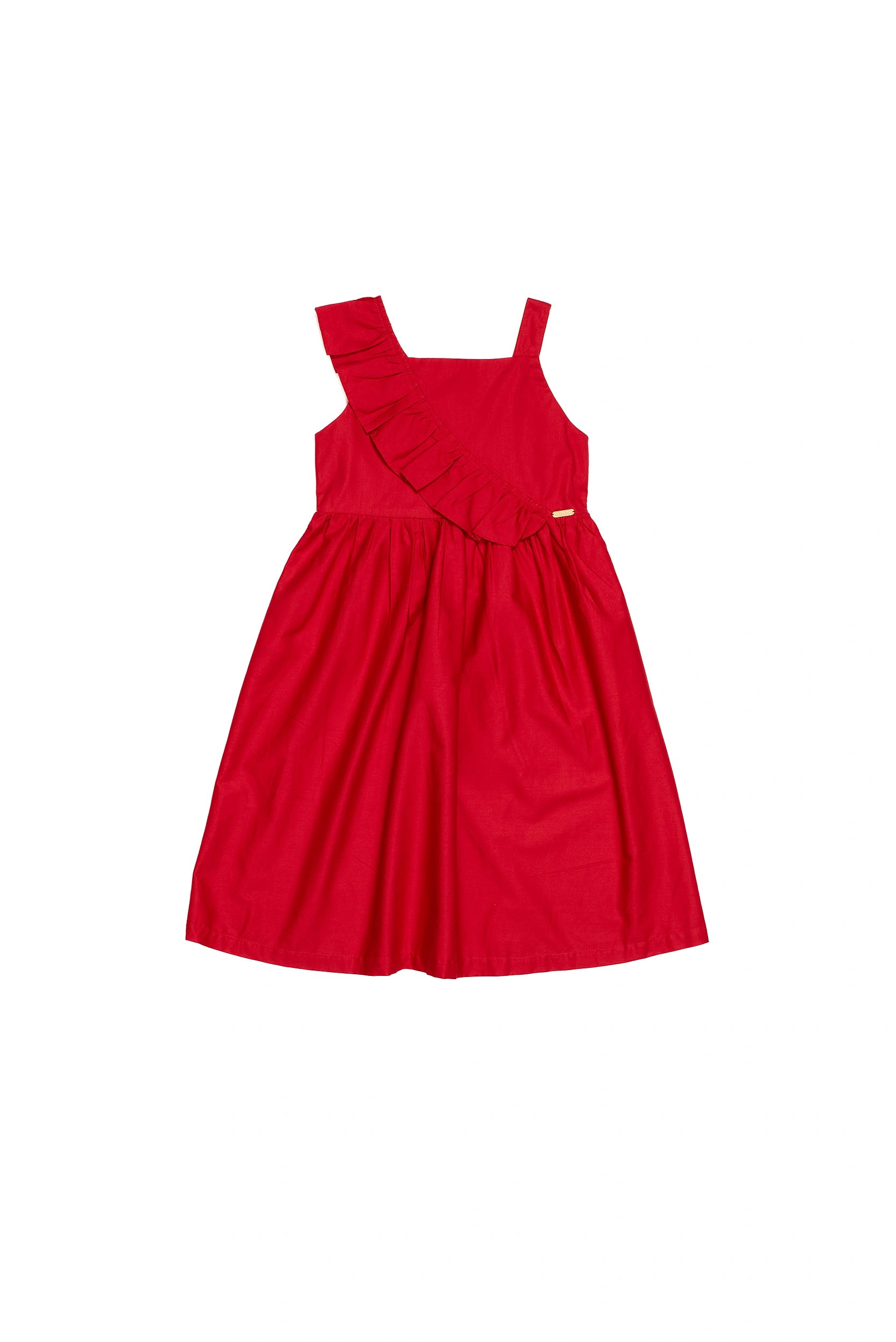 Vestido curto feminino infantil com alças largas e babados na parte frontal