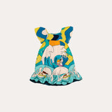 Vestido infantil com estampa de ondas em azul e amarelo, mangas bufantes e saia leve, para meninas de 0 a 3 anos