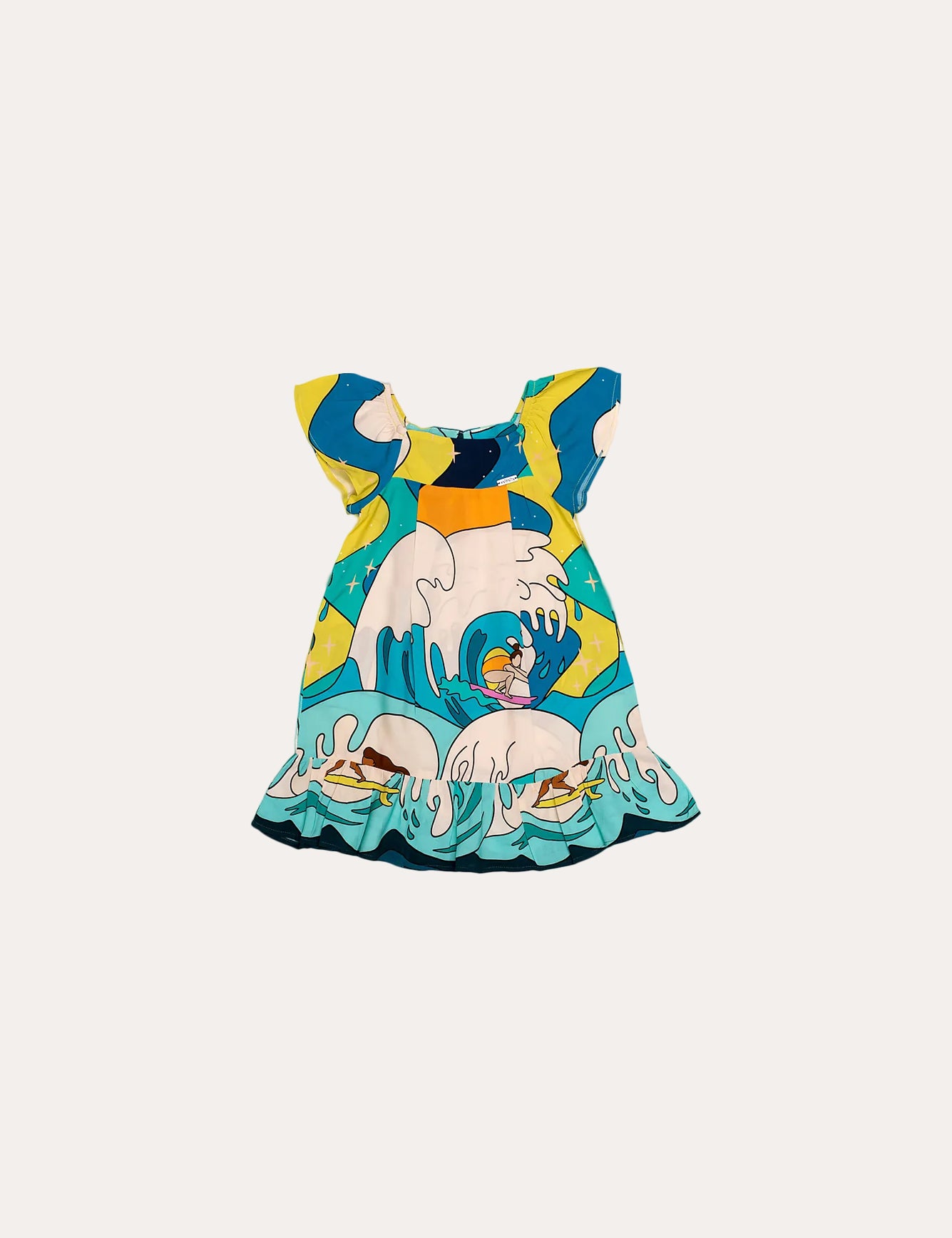 Vestido infantil com estampa de ondas em azul e amarelo, mangas bufantes e saia leve, para meninas de 0 a 3 anos