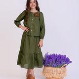 Conjunto verde musgo com blusa de mangas longas e saia longa infantil feminino Antonita para meninas 