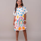 Vestido infantil com mangas bufantes, estampa de flores e arco-íris, ideal para meninas