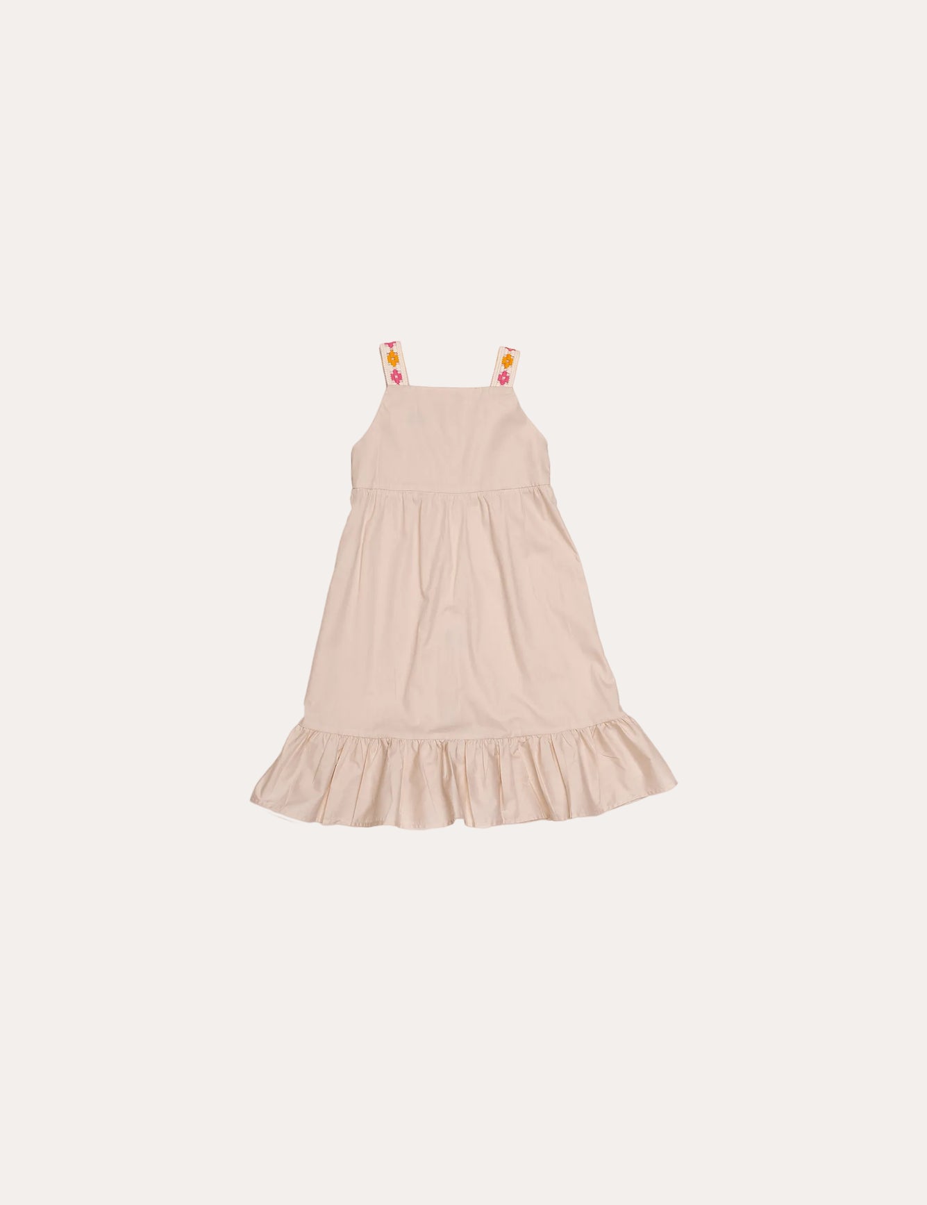 Vestido feminino infantil bege com alças florais e saia leve com babados