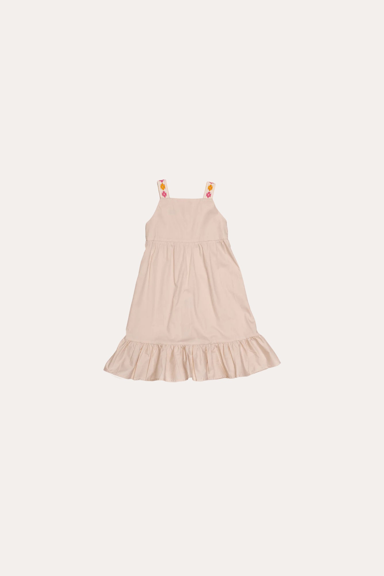 Vestido feminino infantil bege com alças florais e saia leve com babados