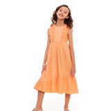 Vestido laranja infantil com babados na barra e alças largas