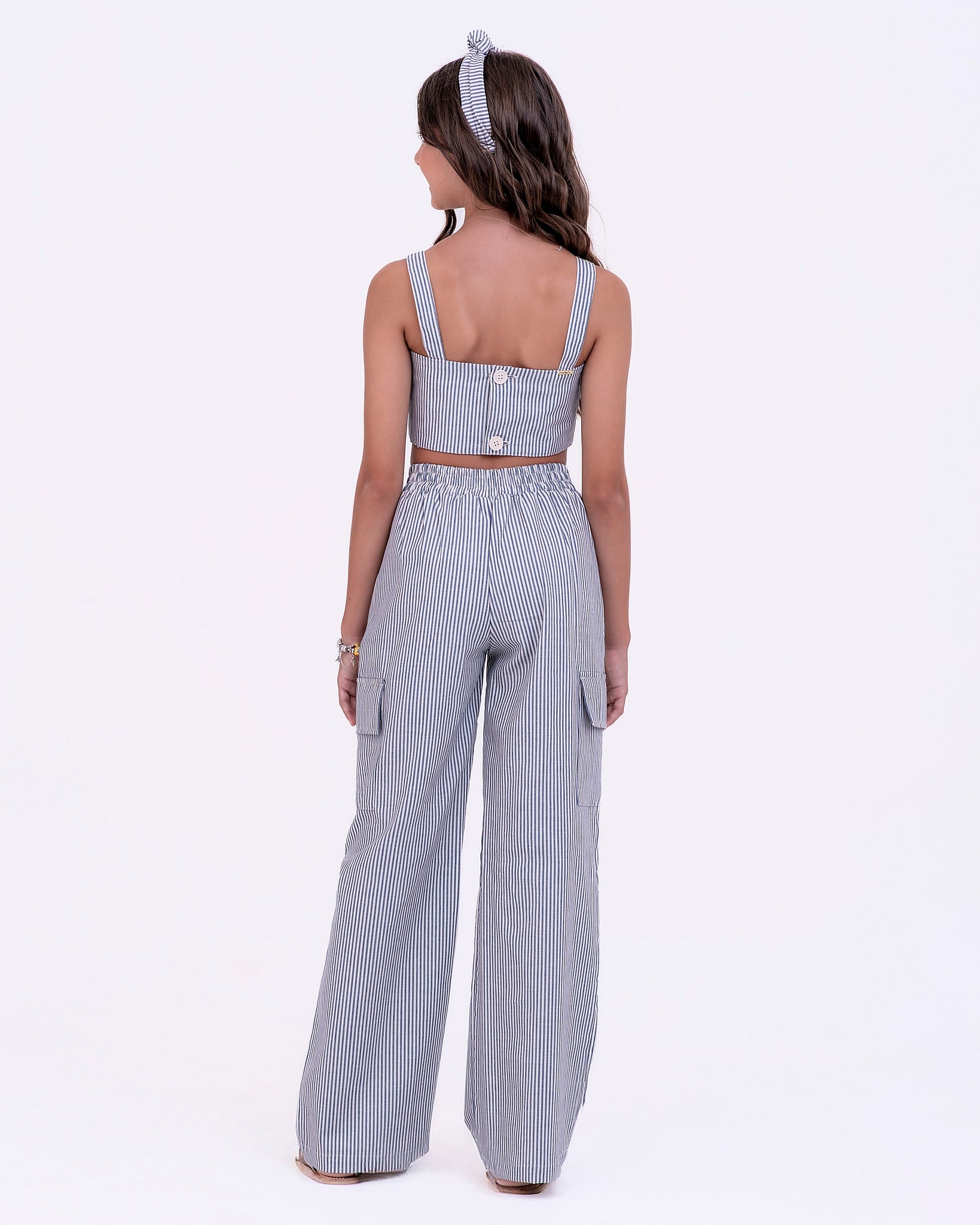 Conjunto de calça listrada com blusa de alças infantil feminino Antonita para meninas de 10 a 16 anos