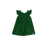 Vestido curto verde com babados e alças largas, ideal para meninas de 0 a 3 anos