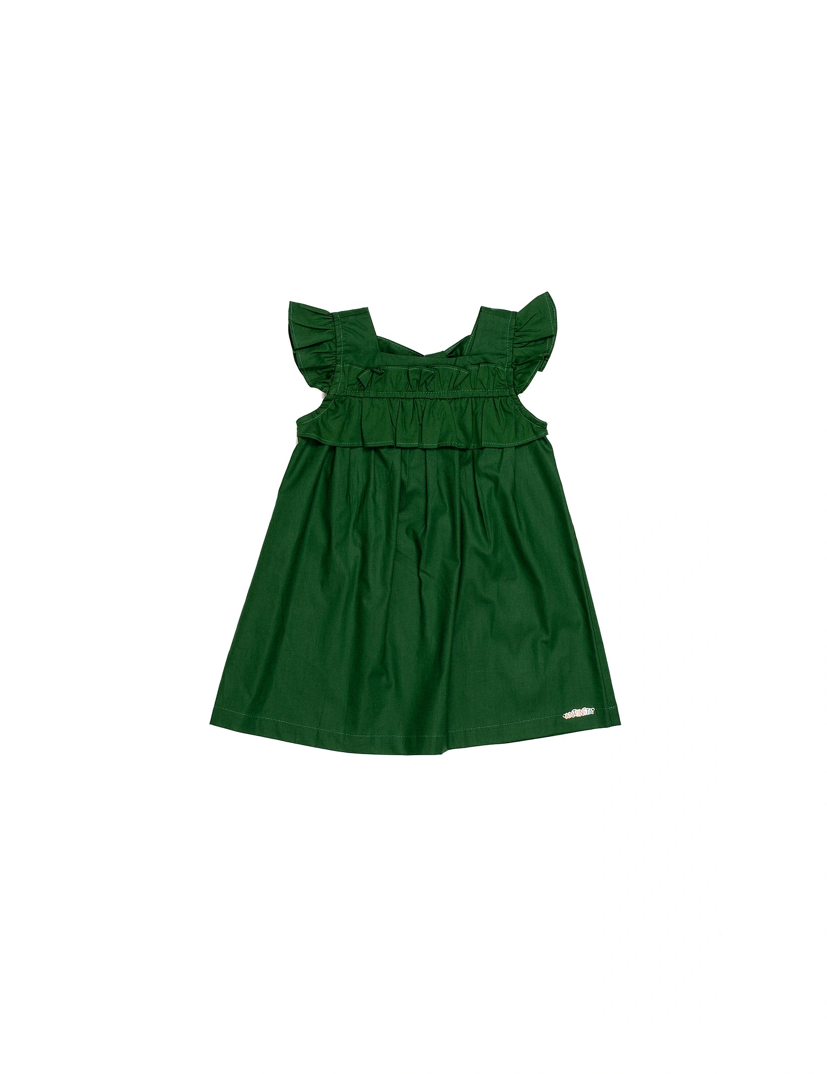 Vestido curto verde com babados e alças largas, ideal para meninas de 0 a 3 anos