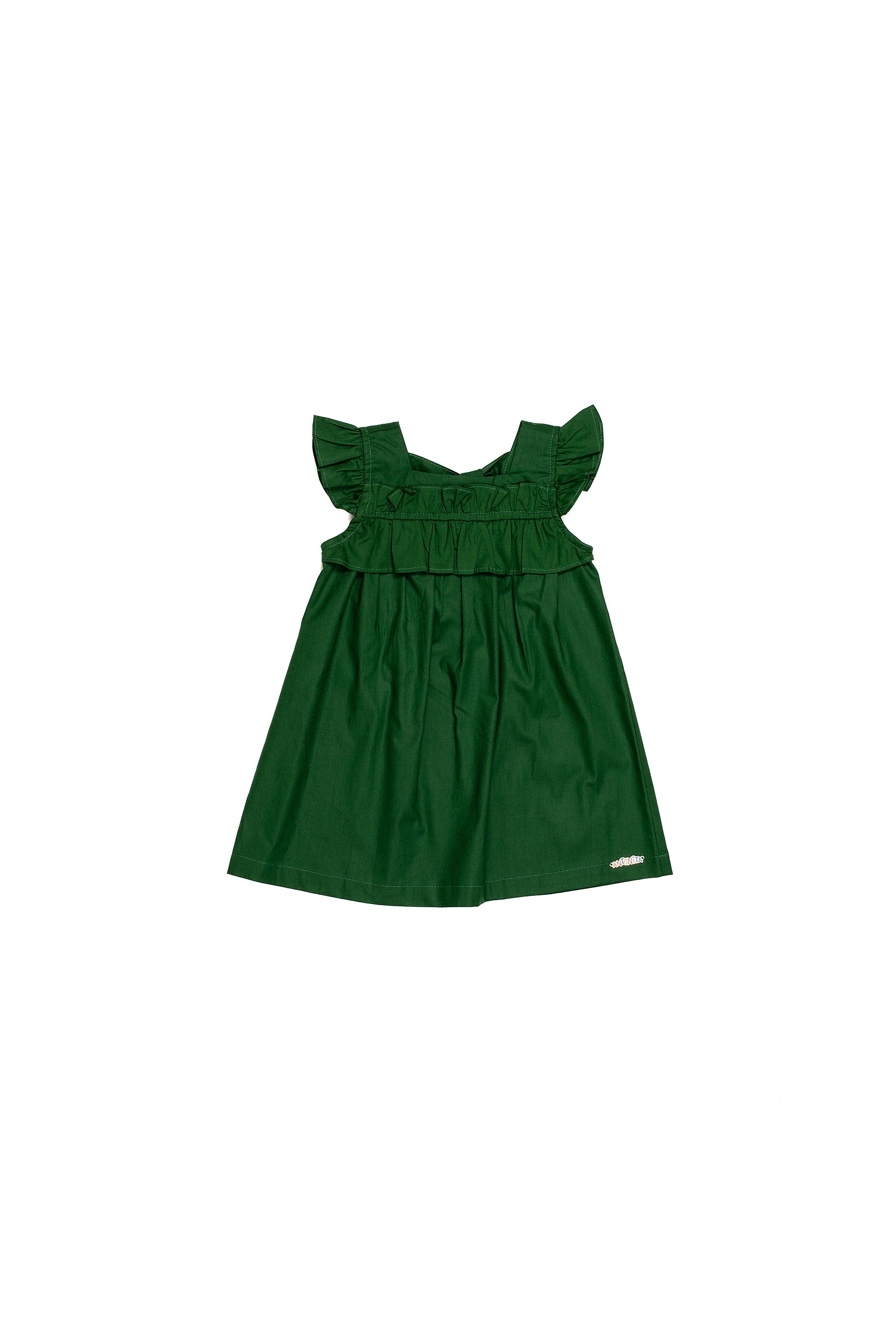 Vestido curto verde com babados e alças largas, ideal para meninas de 0 a 3 anos