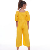 Macaco tricoline amarelo com mangas bufantes e botões frontais, peça feminina infantil