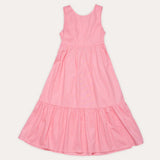 Vestido longo rosa com alças largas e saia rodada, detalhe de camadas na barra