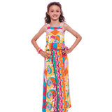 Vestido midi feminino infantil com estampa patchwork colorida e alças finas