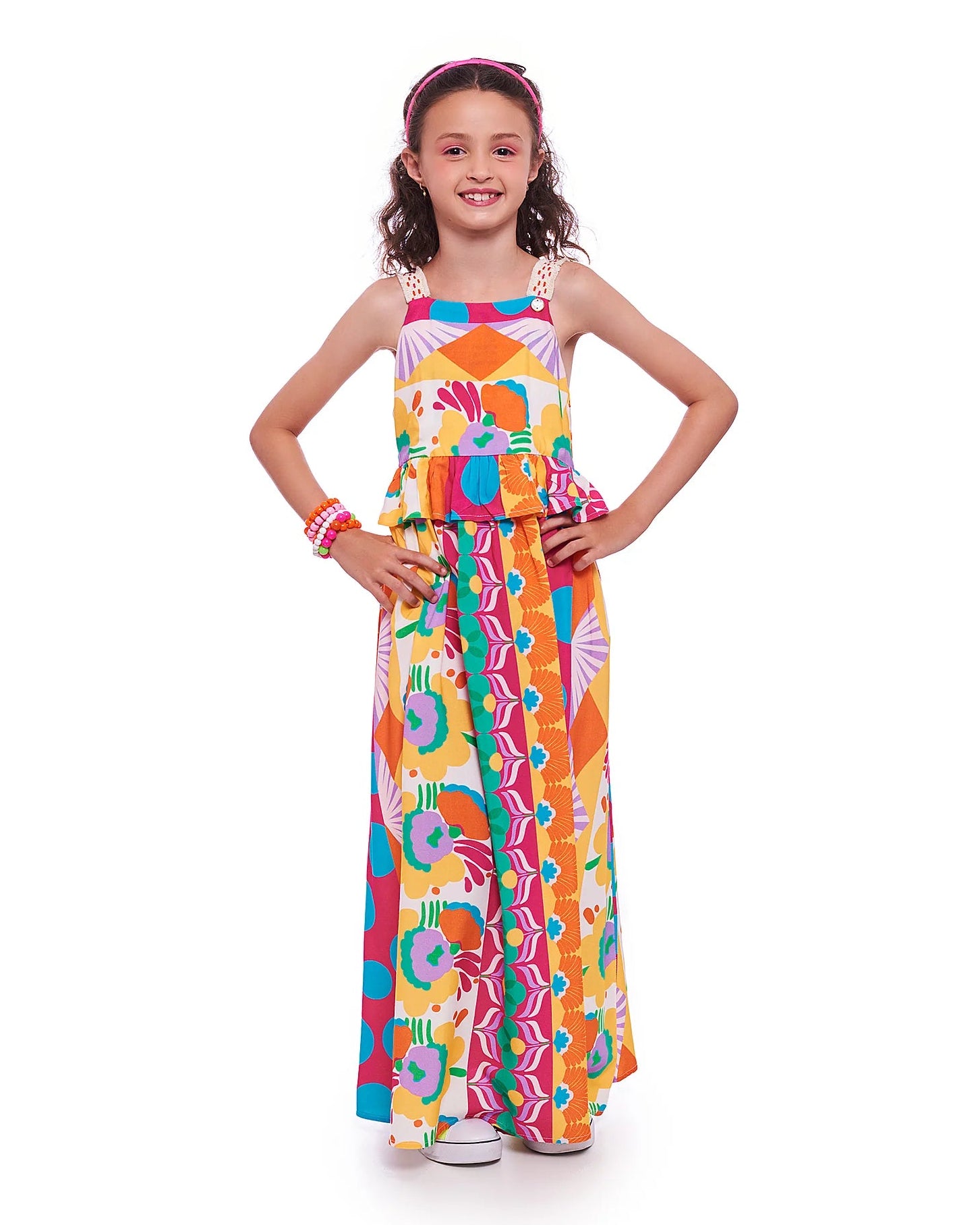 Vestido midi feminino infantil com estampa patchwork colorida e alças finas