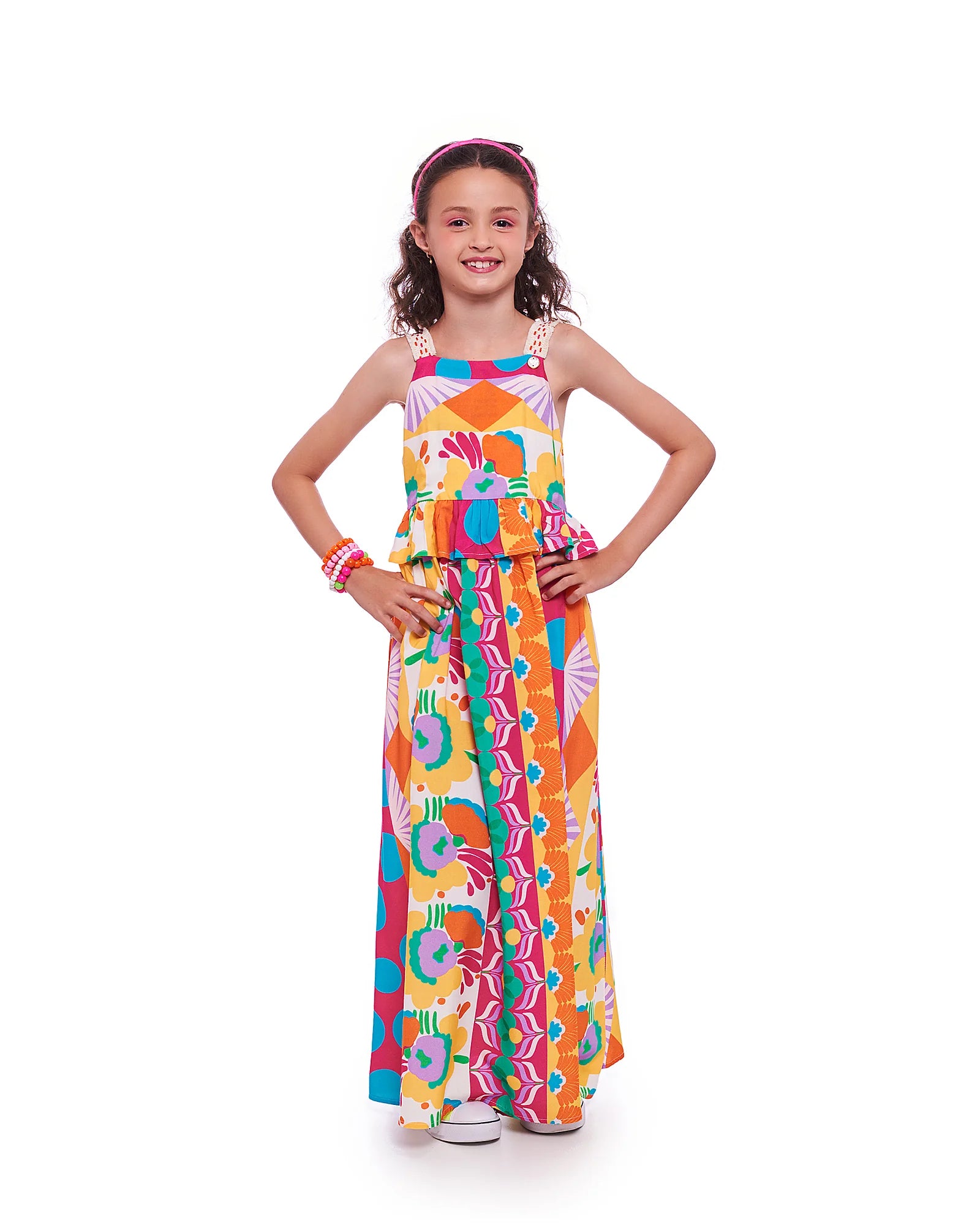 Vestido midi feminino infantil com estampa patchwork colorida e alças finas
