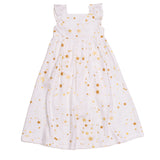 Vestido midi feminino infantil com alças largas, babados e estampa de estrelas