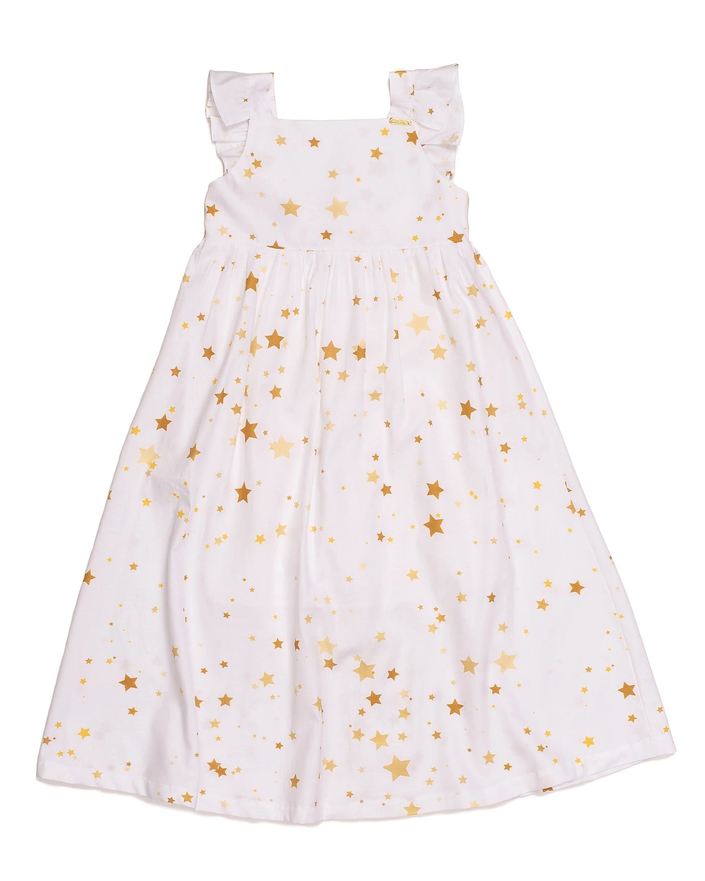 Vestido midi feminino infantil com alças largas, babados e estampa de estrelas