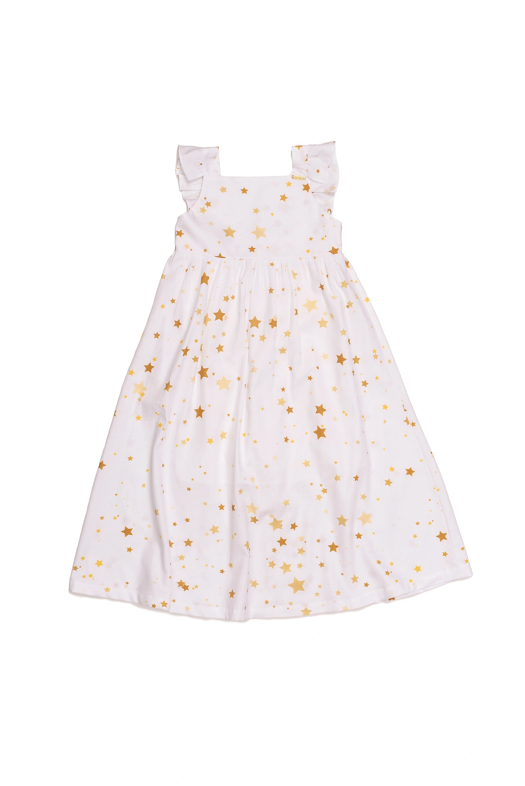 Vestido midi feminino infantil com alças largas, babados e estampa de estrelas